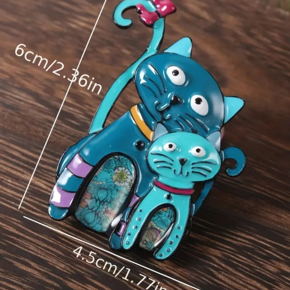 Cat Kitty With Bow Enamel Metal Brooch Pin, Teal Blue
